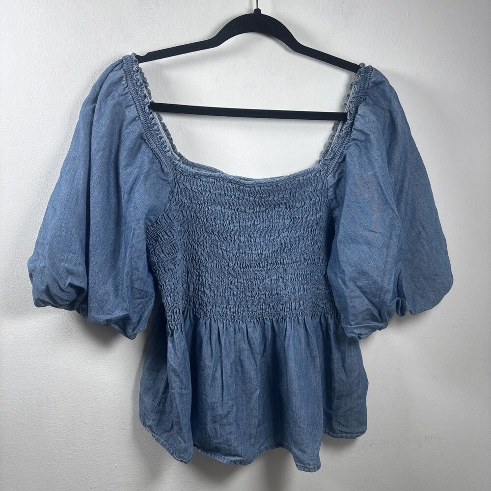 ANA New Approach Chambray Smocked Peplum Blouse LT Puff Sleeve Cottagecore - Picture 9 of 11